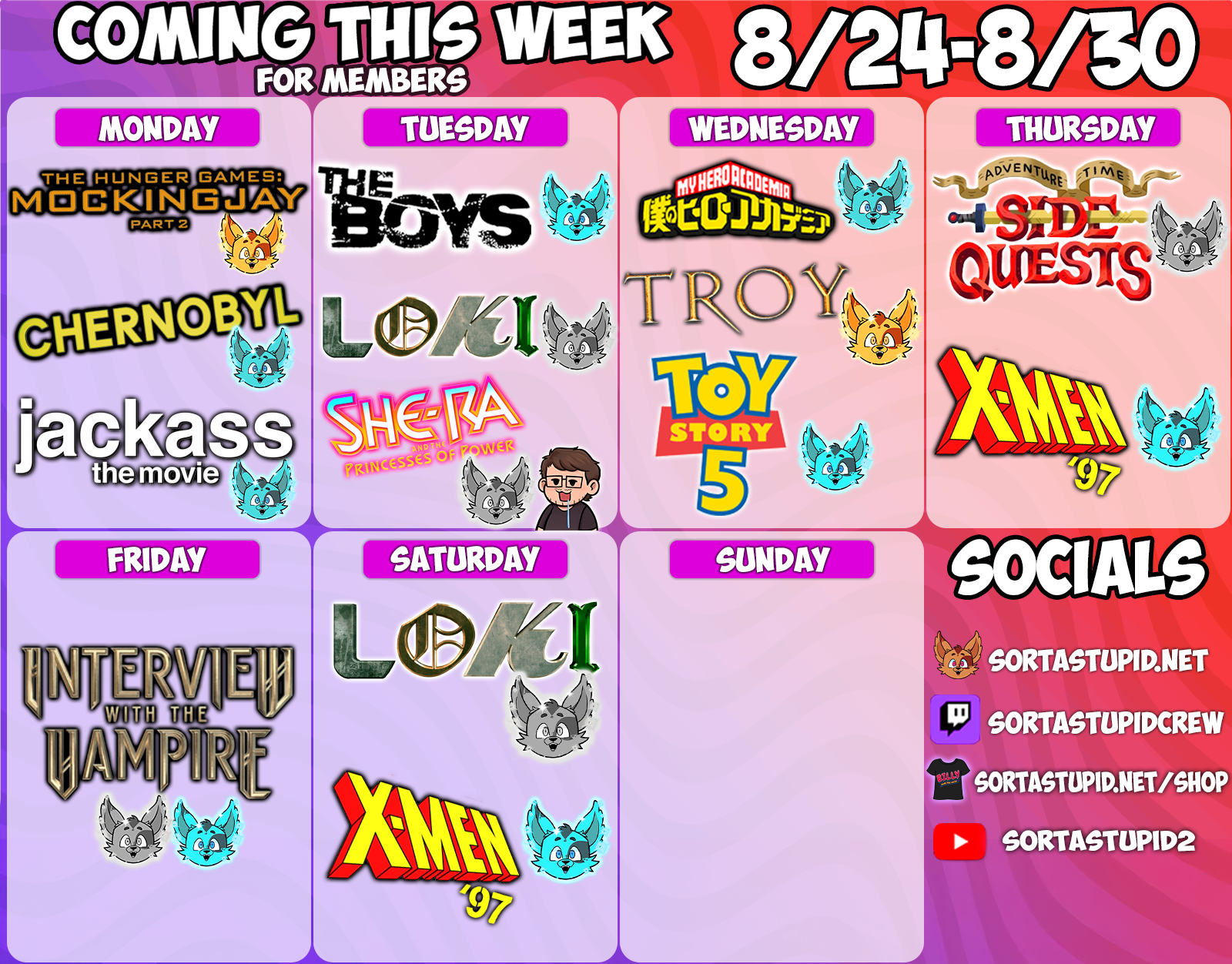 Weekly schedule August 24-30