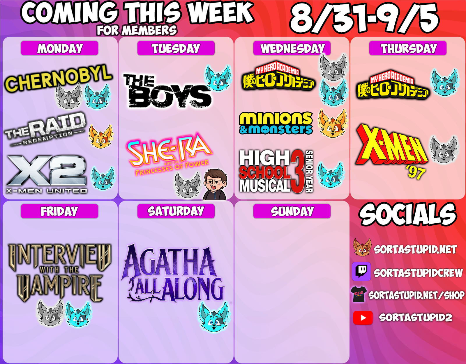 Weekly schedule August 31 - September 5