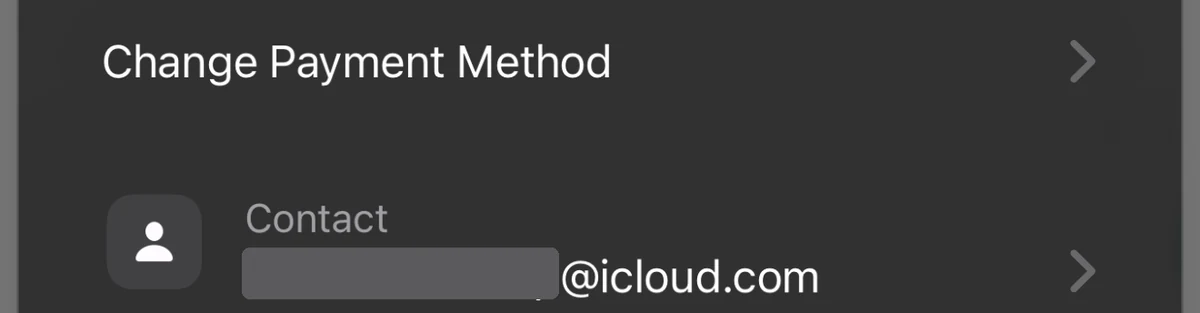 Apple Pay checkout sheet showing a Contact row with an autofilled @icloud.com relay address instead of the member's own email address