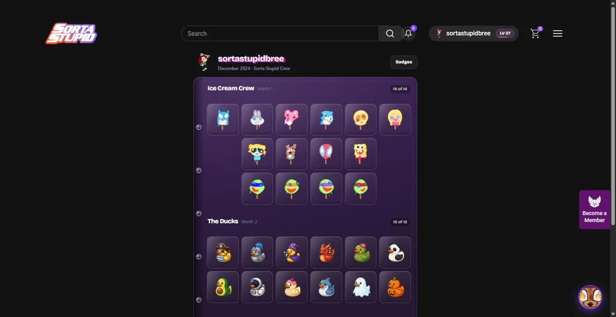 The Badge Book showing the Ice Cream Crew and The Ducks badge sets, each with a completion count