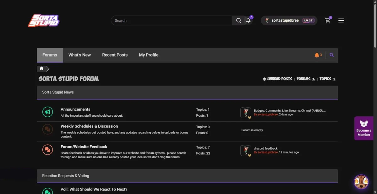 The forum index showing the Sorta Stupid News section with Announcements, Weekly Schedules and Discussion, and Forum slash Website Feedback boards