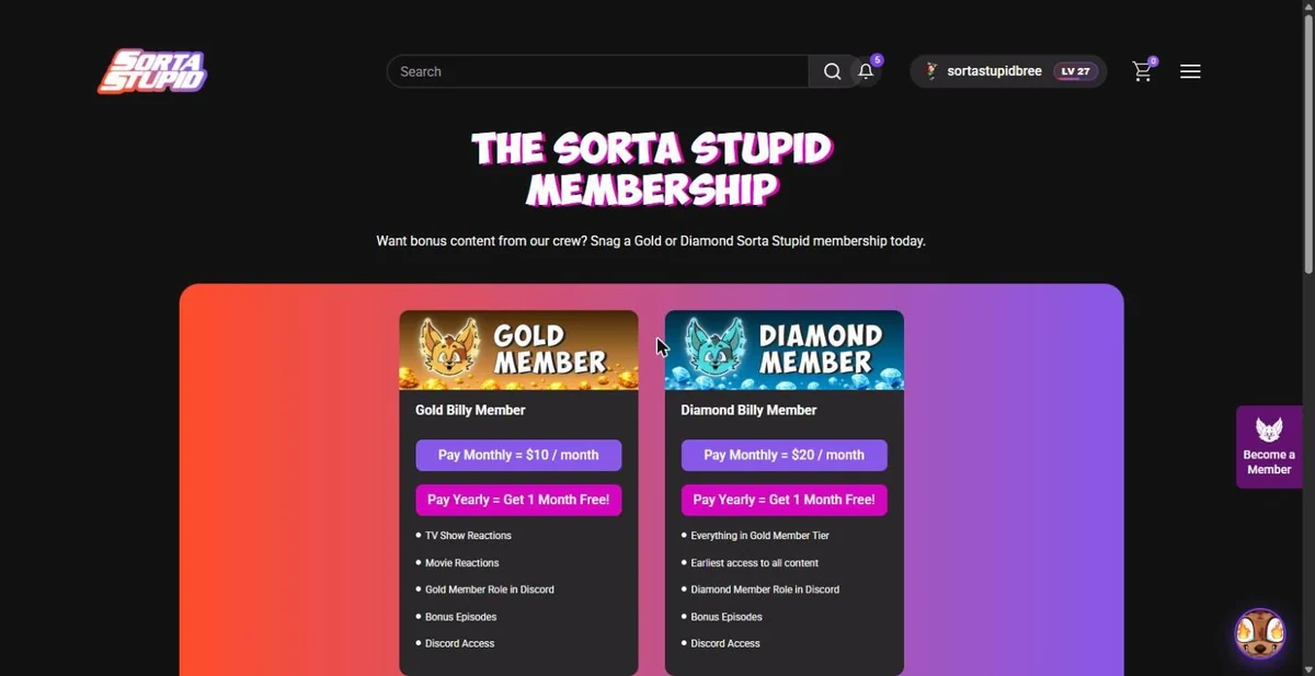 The memberships page showing the Gold Billy and Diamond Billy tier cards side by side, each with monthly and yearly join buttons
