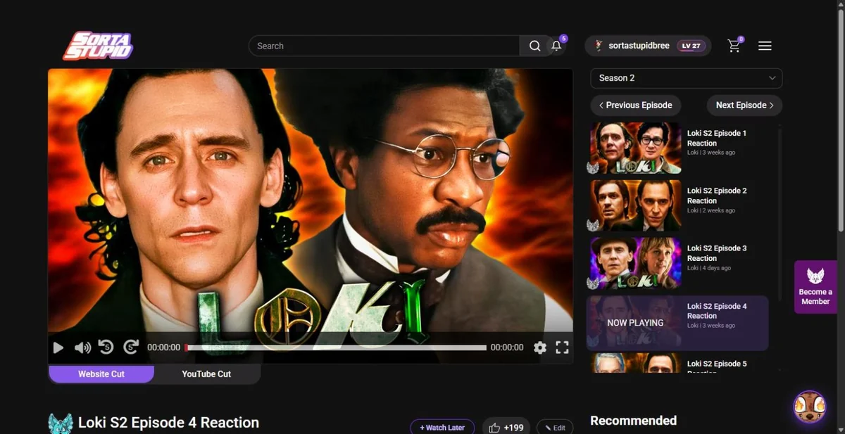 A reaction post with the video player above two tabs labelled Website Cut and YouTube Cut, with Website Cut selected