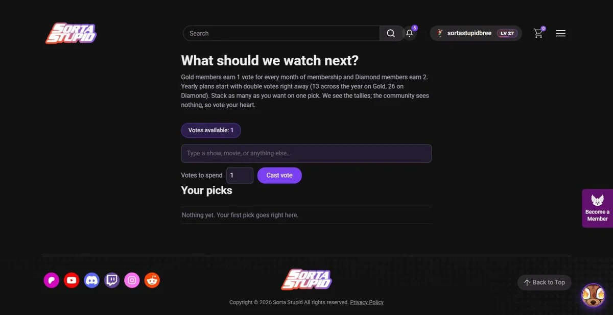 The Recommend page showing available votes, a box to type a show or movie, a votes-to-spend field and a Cast vote button