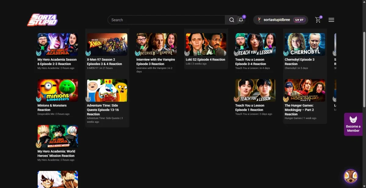 The schedule page showing upcoming and recent reactions as thumbnail cards, each marked with the membership tier that can watch it and how long ago it released