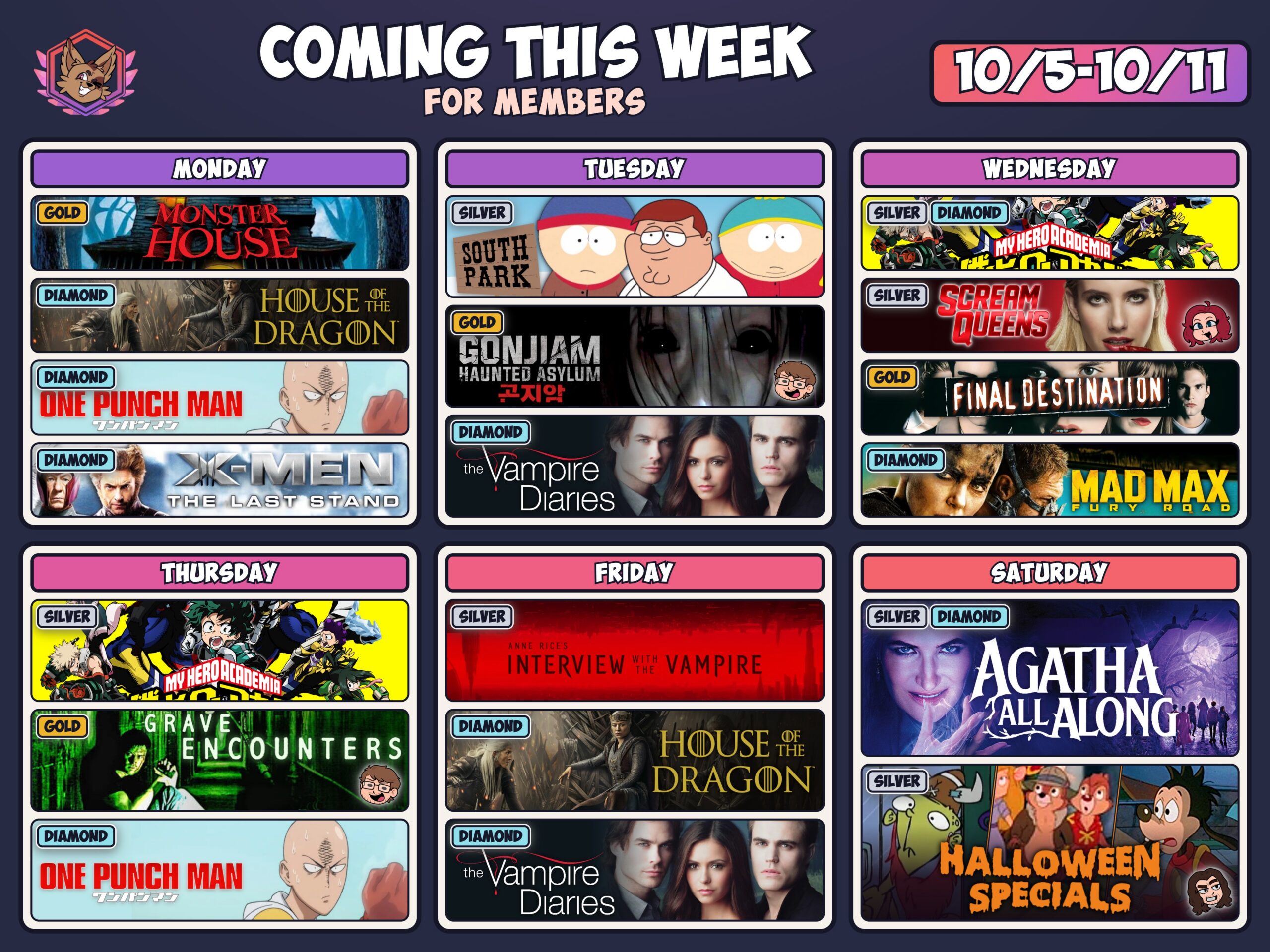 Weekly schedule October 5 - 11